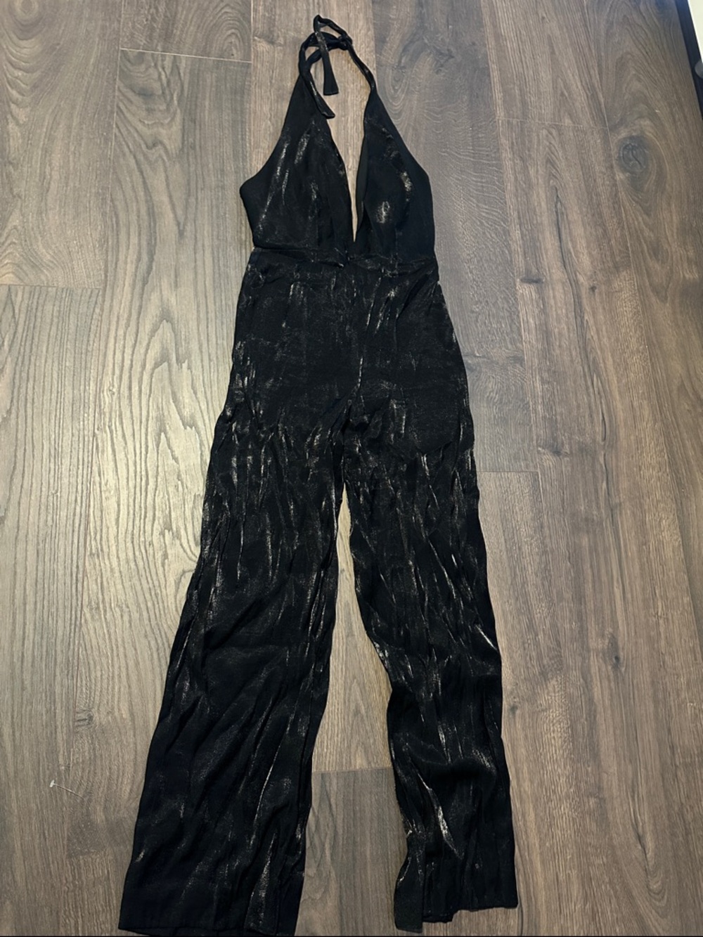 Topshop Black Halter Tie-Back Wide-Leg Jumpsuit